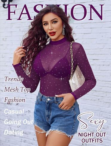 Avidlove Mesh Top Women Rhinestone Tops for Women Long Sleeve See من خلال قميص Mock Neck Tee Blouses S-XXL in Saudi Arabia
