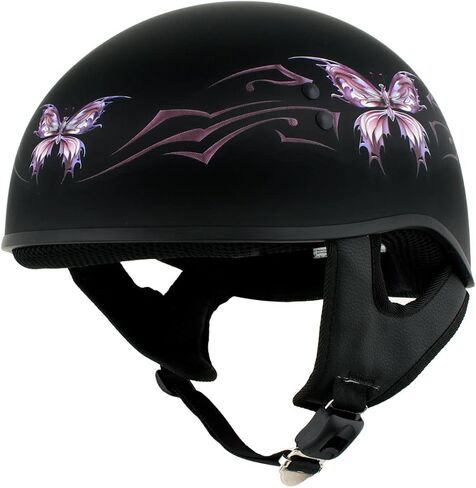 Hot Leathers HLD1052 DOT Skull Cap Half Helmet - Flat Black with Purple Butterfly Design Bikers in Saudi Arabia