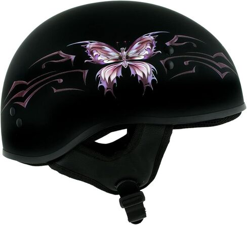 Hot Leathers HLD1052 DOT Skull Cap Half Helmet - Flat Black with Purple Butterfly Design Bikers in Saudi Arabia