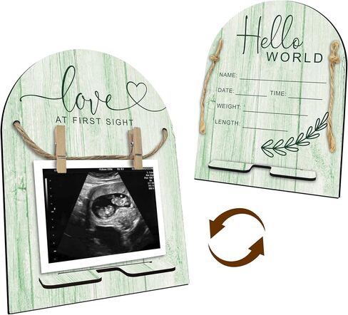 Hello World Baby Newborn Wooden Sign - Ultrasound Picture Frame With Stand - Double Sided Print Unfinished Baby Announcement Plaque - Hospital Nursery Baby Milestone Board & Pregnancy Gift(Pink) - A09 in Saudi Arabia