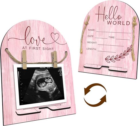 Hello World Baby Newborn Wooden Sign - Ultrasound Picture Frame With Stand - Double Sided Print Unfinished Baby Announcement Plaque - Hospital Nursery Baby Milestone Board & Pregnancy Gift(Pink) - A09 in Saudi Arabia
