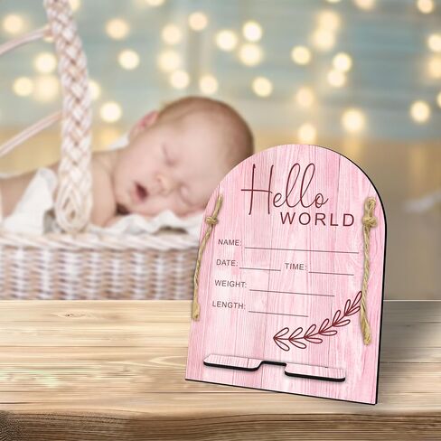 Hello World Baby Newborn Wooden Sign - Ultrasound Picture Frame With Stand - Double Sided Print Unfinished Baby Announcement Plaque - Hospital Nursery Baby Milestone Board & Pregnancy Gift(Pink) - A09 in Saudi Arabia