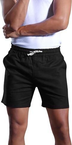 Mens Cotton Linen Shorts 4 Inch Inseam Drawstring Casual Beach Shorts with Pockets in Saudi Arabia