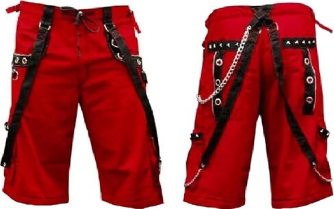 Men’s Goth Short Red Shorts Red Threads Black Straps Punk Rock Metal Chain Cyber/Unisex Short/USA in Saudi Arabia