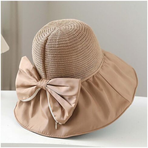 Women's Upf 50+ متماسكة من الشمس - قبعة شاطئية عريضة قابلة للطي مع Bowknot و Crochet Crown ، قبعة السفر in Kuwait