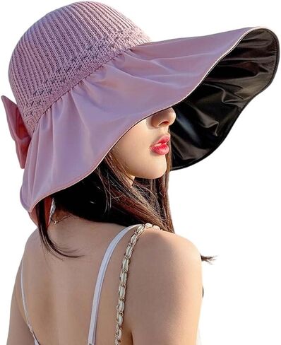 Women's Upf 50+ متماسكة من الشمس - قبعة شاطئية عريضة قابلة للطي مع Bowknot و Crochet Crown ، قبعة السفر in Kuwait