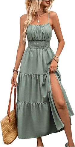 Women's Boho Cami Maxi Dress Vacation Ruffle Flowy Milkmaid Dress Summer Ruched Slit Sundress in Kuwait