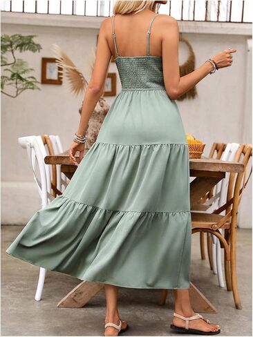 Women's Boho Cami Maxi Dress Vacation Ruffle Flowy Milkmaid Dress Summer Ruched Slit Sundress in Kuwait