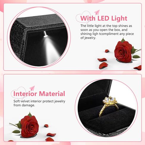 Luxury Ring Box with LED Light, Ring Box for Proposal,Engagement,Wedding,Square Shaped Luxury Jewelry Box with LED Light for Jewelry-Black in Saudi Arabia
