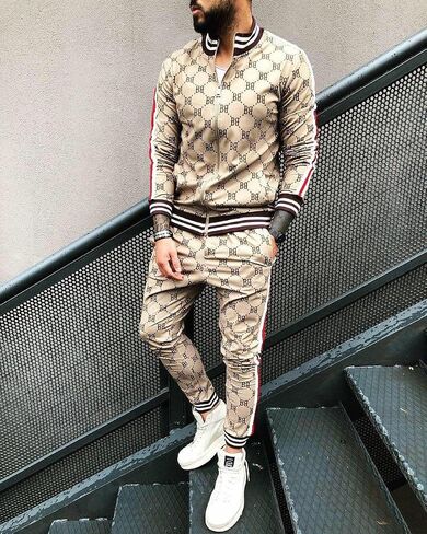 crazynekos Men Plaid Tracksuit Sweatsuit 2 Piece Stripes Long Sleeve Jacket Sweatshirt Jogging Sweatpants Sportswear in Saudi Arabia