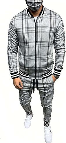 crazynekos Men Plaid Tracksuit Sweatsuit 2 Piece Stripes Long Sleeve Jacket Sweatshirt Jogging Sweatpants Sportswear in Saudi Arabia