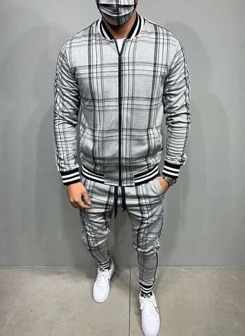 crazynekos Men Plaid Tracksuit Sweatsuit 2 Piece Stripes Long Sleeve Jacket Sweatshirt Jogging Sweatpants Sportswear in Saudi Arabia