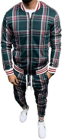 crazynekos Men Plaid Tracksuit Sweatsuit 2 Piece Stripes Long Sleeve Jacket Sweatshirt Jogging Sweatpants Sportswear in Saudi Arabia