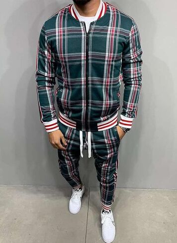 crazynekos Men Plaid Tracksuit Sweatsuit 2 Piece Stripes Long Sleeve Jacket Sweatshirt Jogging Sweatpants Sportswear in Saudi Arabia
