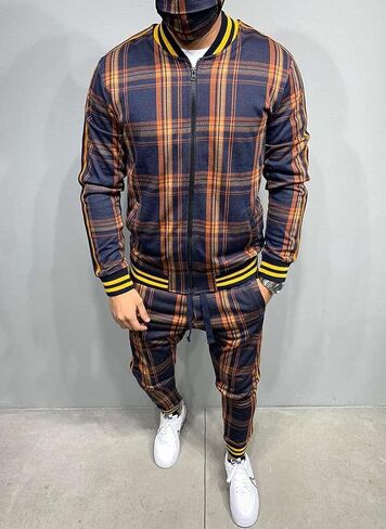 crazynekos Men Plaid Tracksuit Sweatsuit 2 Piece Stripes Long Sleeve Jacket Sweatshirt Jogging Sweatpants Sportswear in Saudi Arabia