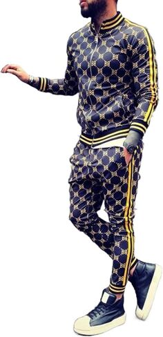 crazynekos Men Plaid Tracksuit Sweatsuit 2 Piece Stripes Long Sleeve Jacket Sweatshirt Jogging Sweatpants Sportswear in Saudi Arabia