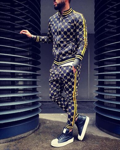 crazynekos Men Plaid Tracksuit Sweatsuit 2 Piece Stripes Long Sleeve Jacket Sweatshirt Jogging Sweatpants Sportswear in Saudi Arabia