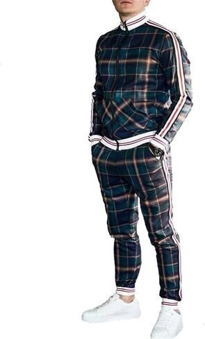 crazynekos Men Plaid Tracksuit Sweatsuit 2 Piece Stripes Long Sleeve Jacket Sweatshirt Jogging Sweatpants Sportswear in Saudi Arabia