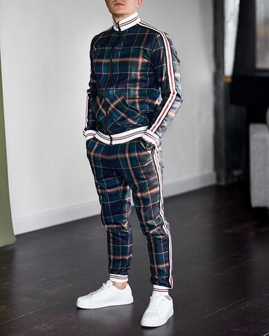 crazynekos Men Plaid Tracksuit Sweatsuit 2 Piece Stripes Long Sleeve Jacket Sweatshirt Jogging Sweatpants Sportswear in Saudi Arabia