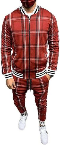 crazynekos Men Plaid Tracksuit Sweatsuit 2 Piece Stripes Long Sleeve Jacket Sweatshirt Jogging Sweatpants Sportswear in Saudi Arabia
