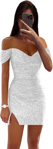 Women's Sequin Homecoming Dresses Off Shoulder Pleated Tight Short Prom Dress Formal Cocktail Party Gowns in Saudi Arabia