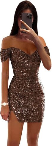 Women's Sequin Homecoming Dresses Off Shoulder Pleated Tight Short Prom Dress Formal Cocktail Party Gowns in Saudi Arabia