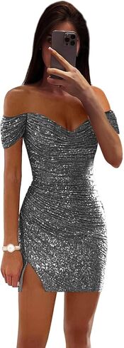 Women's Sequin Homecoming Dresses Off Shoulder Pleated Tight Short Prom Dress Formal Cocktail Party Gowns in Saudi Arabia