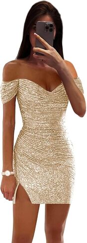 Women's Sequin Homecoming Dresses Off Shoulder Pleated Tight Short Prom Dress Formal Cocktail Party Gowns in Saudi Arabia