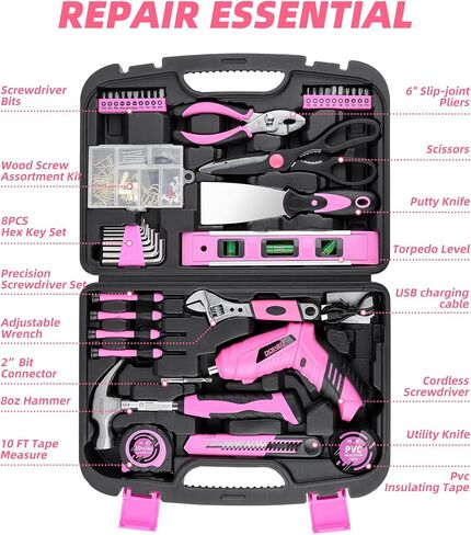 DOWELL 116Pcs Pink Tool Kit with 3.6V USB Cordless Screwdriver, Small Drill Set for Women, Girls in Saudi Arabia