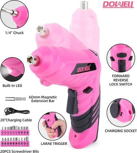 DOWELL 116Pcs Pink Tool Kit with 3.6V USB Cordless Screwdriver, Small Drill Set for Women, Girls in Saudi Arabia