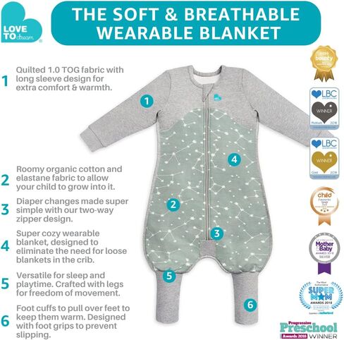 Love to Dream Organic Sleep Suit with Legs, Short Sleeve Baby Sleep Suit, Super Soft, Temperature Regulating Toddler Sleeping Bag, All Seasons Wearable Blanket, Blue, 12-24 Months in Kuwait