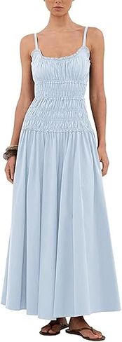 Women Spaghetti Strap Maxi Dress Sleeveless Scoop Neck Smocked Ruffle Tiered Elastic Long Summer Casual Sundress in Kuwait