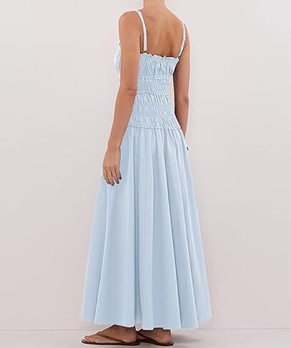 Women Spaghetti Strap Maxi Dress Sleeveless Scoop Neck Smocked Ruffle Tiered Elastic Long Summer Casual Sundress in Kuwait