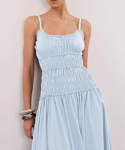 Women Spaghetti Strap Maxi Dress Sleeveless Scoop Neck Smocked Ruffle Tiered Elastic Long Summer Casual Sundress in Kuwait
