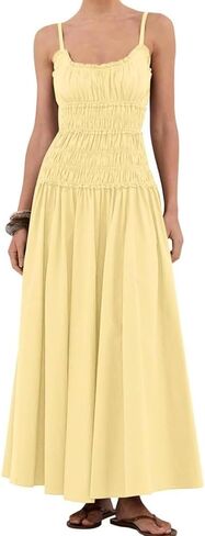 Women Spaghetti Strap Maxi Dress Sleeveless Scoop Neck Smocked Ruffle Tiered Elastic Long Summer Casual Sundress in Kuwait