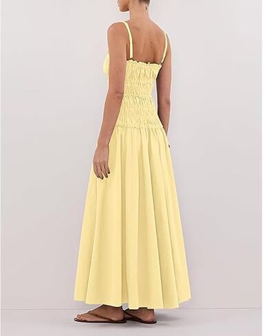 Women Spaghetti Strap Maxi Dress Sleeveless Scoop Neck Smocked Ruffle Tiered Elastic Long Summer Casual Sundress in Kuwait