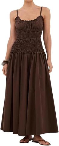 Women Spaghetti Strap Maxi Dress Sleeveless Scoop Neck Smocked Ruffle Tiered Elastic Long Summer Casual Sundress in Kuwait