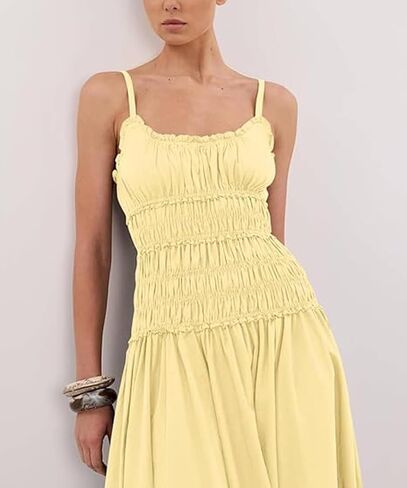 Women Spaghetti Strap Maxi Dress Sleeveless Scoop Neck Smocked Ruffle Tiered Elastic Long Summer Casual Sundress in Kuwait