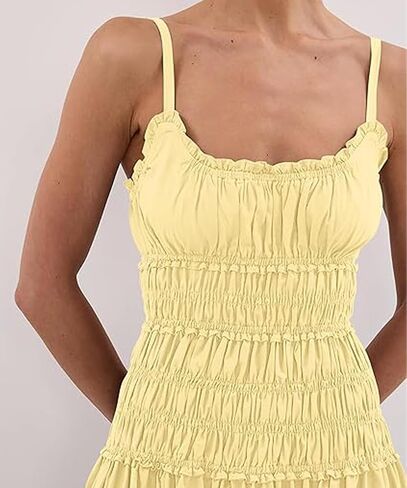 Women Spaghetti Strap Maxi Dress Sleeveless Scoop Neck Smocked Ruffle Tiered Elastic Long Summer Casual Sundress in Kuwait
