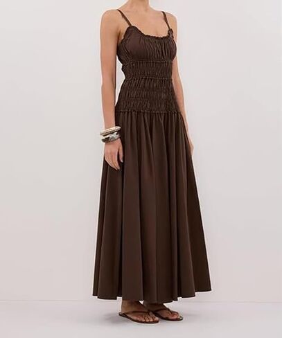 Women Spaghetti Strap Maxi Dress Sleeveless Scoop Neck Smocked Ruffle Tiered Elastic Long Summer Casual Sundress in Kuwait