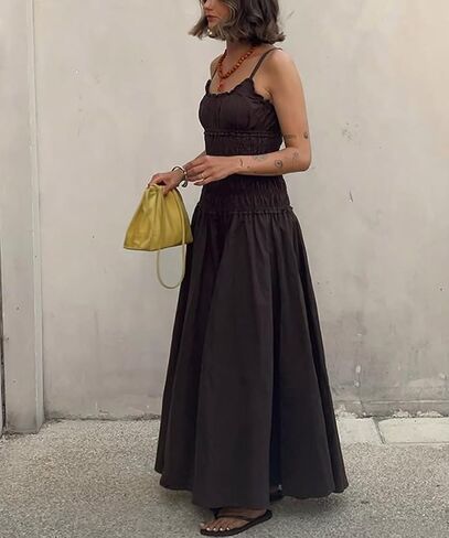 Women Spaghetti Strap Maxi Dress Sleeveless Scoop Neck Smocked Ruffle Tiered Elastic Long Summer Casual Sundress in Kuwait