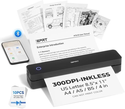 طابعة IDPRT المحمولة لاسلكية للسفر ، ودعم الطابعة الحرارية Bluetooth لرسالة أمريكية 8.5 "x11" ، غير متوافقة مع iOS ، Android ، الكمبيوتر المحمول للمكتب والسيارة والمنزل ، المدرسة (300DPI ، الأسود) in Kuwait