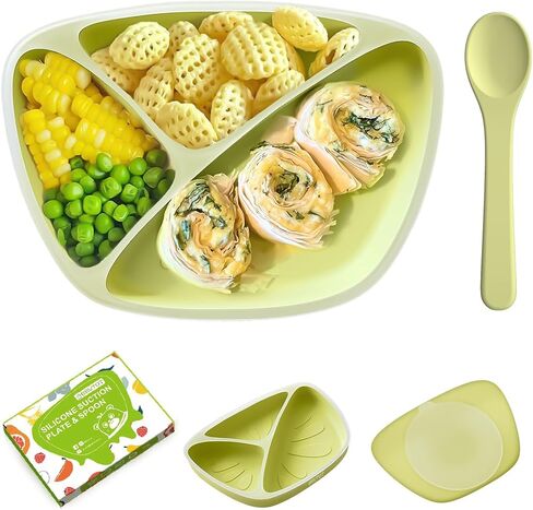 Non-Slip Suction Plates for Baby Toddler, BPA Free Silicone Toddler Plates with Suction for Self Feeding & Baby Led Weaning, Divided Dishes and Spoon Set, Non-Toxic, Dishwasher Safe in Saudi Arabia