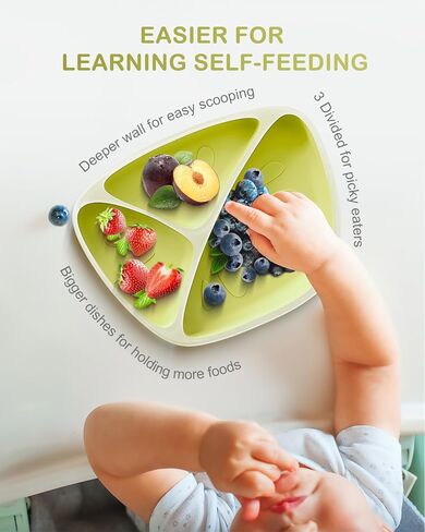 Non-Slip Suction Plates for Baby Toddler, BPA Free Silicone Toddler Plates with Suction for Self Feeding & Baby Led Weaning, Divided Dishes and Spoon Set, Non-Toxic, Dishwasher Safe in Saudi Arabia