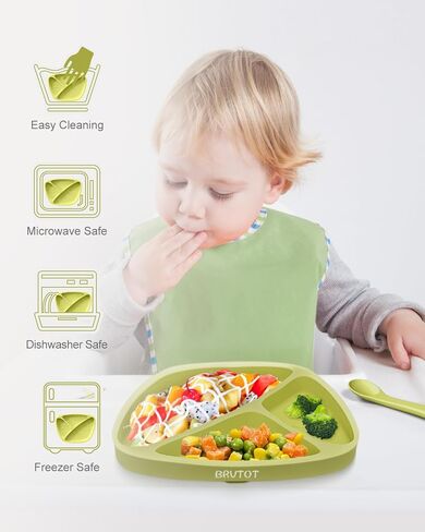 Non-Slip Suction Plates for Baby Toddler, BPA Free Silicone Toddler Plates with Suction for Self Feeding & Baby Led Weaning, Divided Dishes and Spoon Set, Non-Toxic, Dishwasher Safe in Saudi Arabia