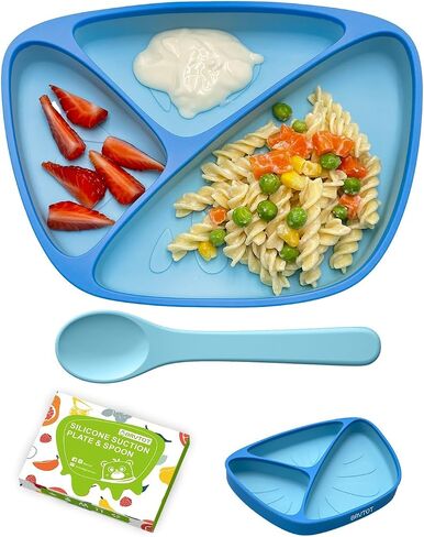 Non-Slip Suction Plates for Baby Toddler, BPA Free Silicone Toddler Plates with Suction for Self Feeding & Baby Led Weaning, Divided Dishes and Spoon Set, Non-Toxic, Dishwasher Safe in Saudi Arabia