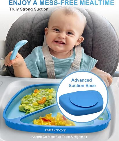 Non-Slip Suction Plates for Baby Toddler, BPA Free Silicone Toddler Plates with Suction for Self Feeding & Baby Led Weaning, Divided Dishes and Spoon Set, Non-Toxic, Dishwasher Safe in Saudi Arabia