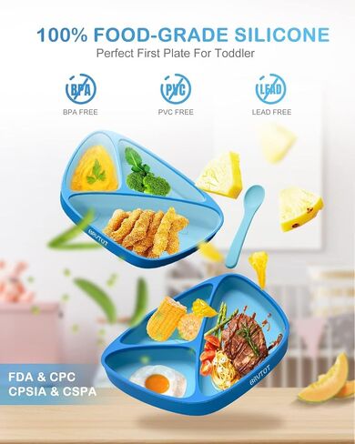Non-Slip Suction Plates for Baby Toddler, BPA Free Silicone Toddler Plates with Suction for Self Feeding & Baby Led Weaning, Divided Dishes and Spoon Set, Non-Toxic, Dishwasher Safe in Saudi Arabia