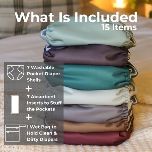 Nora's Nursery AWJ Cloth Diapers 7 Pack with 1 Wet Bag - Waterproof Cover, Washable, Reusable & One Size Adjustable Pocket Diapers for Newborns and Toddlers - Dahlia in Kuwait
