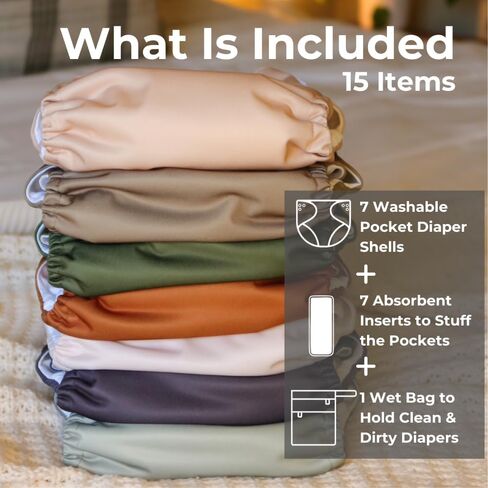 Nora's Nursery AWJ Cloth Diapers 7 Pack with 1 Wet Bag - Waterproof Cover, Washable, Reusable & One Size Adjustable Pocket Diapers for Newborns and Toddlers - Dahlia in Kuwait